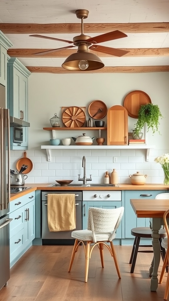 A cozy blue farmhouse kitchen with wooden accents, open shelves, and modern fixtures.