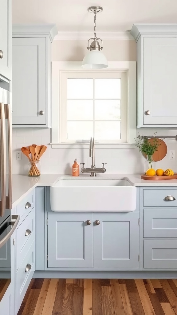 A cozy kitchen featuring blue shaker style cabinets, a farmhouse sink, and wooden flooring, illuminated by natural light.
