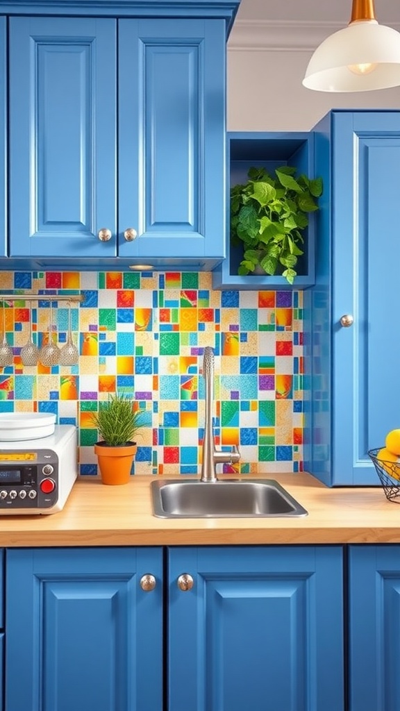 A kitchen with blue cabinets and a colorful mosaic backsplash, featuring a wooden countertop and potted plants.