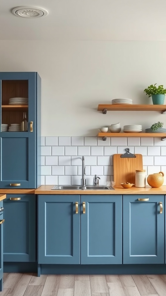 A blue kitchen with natural wood accents, featuring cabinets, countertops, and shelves.