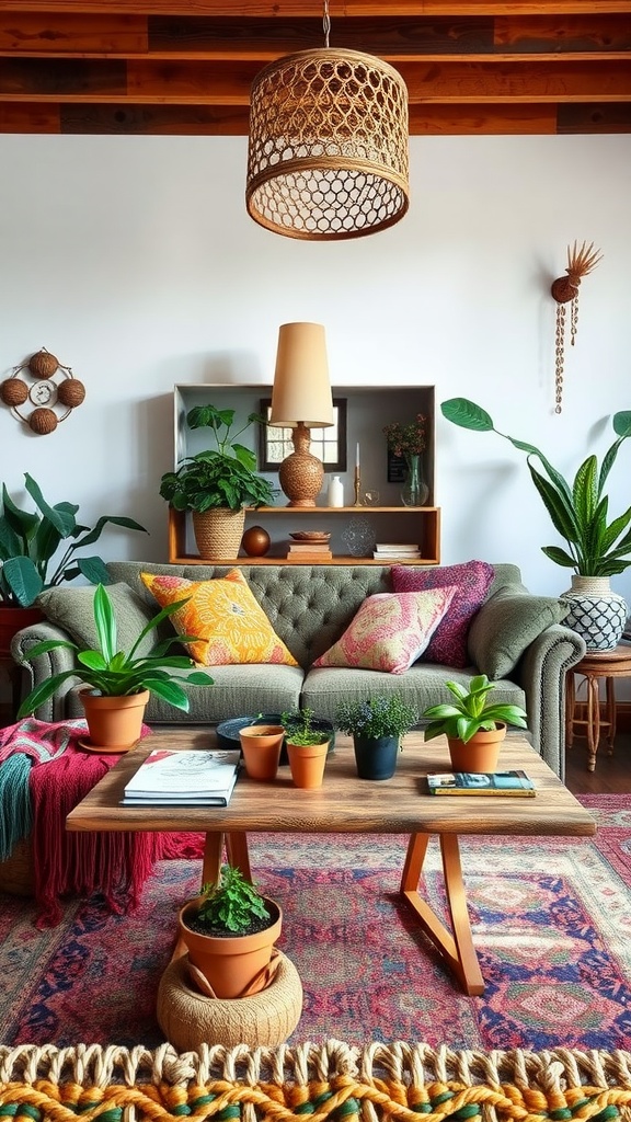 A cozy bohemian living room featuring a green sofa with colorful pillows, a wooden coffee table with potted plants, and a unique woven light fixture overhead.
