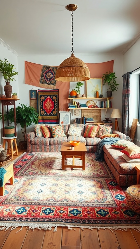A cozy living room with layered textures, colorful cushions, a vibrant rug, and plants, illustrating Bohemian chic decor.