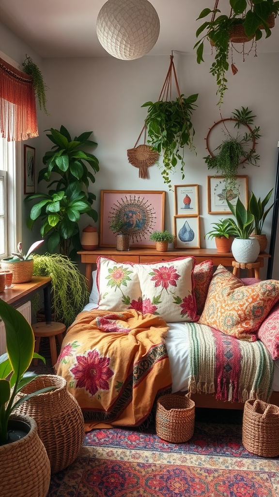 A cozy bohemian chic bedroom with colorful pillows, plants, and layered textiles.