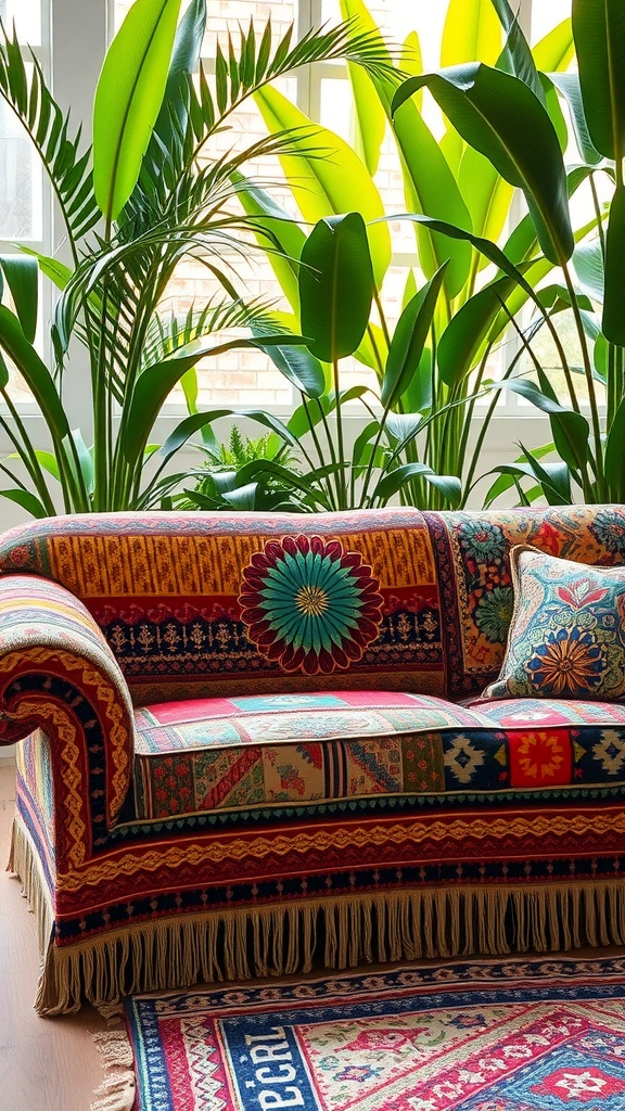 A colorful Bohemian printed sofa with intricate patterns and large indoor plants in the background.