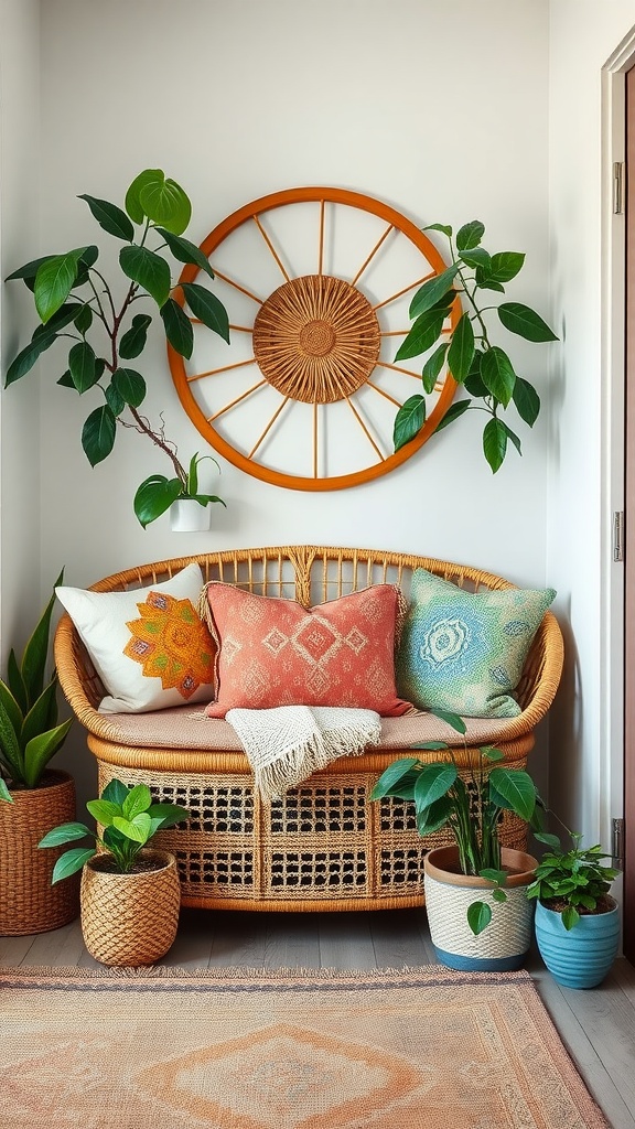 A cozy entryway featuring a bohemian style rattan bench with colorful pillows, surrounded by plants and a decorative wall piece.