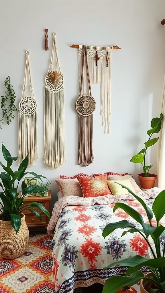 A cozy Boho chic bedroom featuring patterned bedding, macramé wall hangings, and indoor plants.