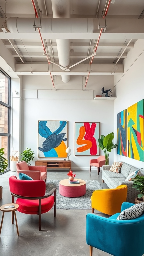 A bright and stylish urban loft featuring bold abstract art, colorful furniture, and a modern design.
