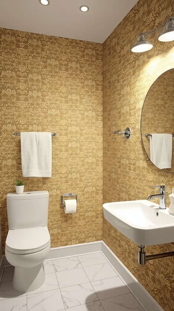 A bathroom with bold golden textured wallpaper, a white sink and toilet, and modern lighting.