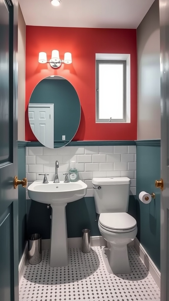 A bathroom featuring a bold red accent wall and dark teal lower half, with modern fixtures and a stylish mirror.