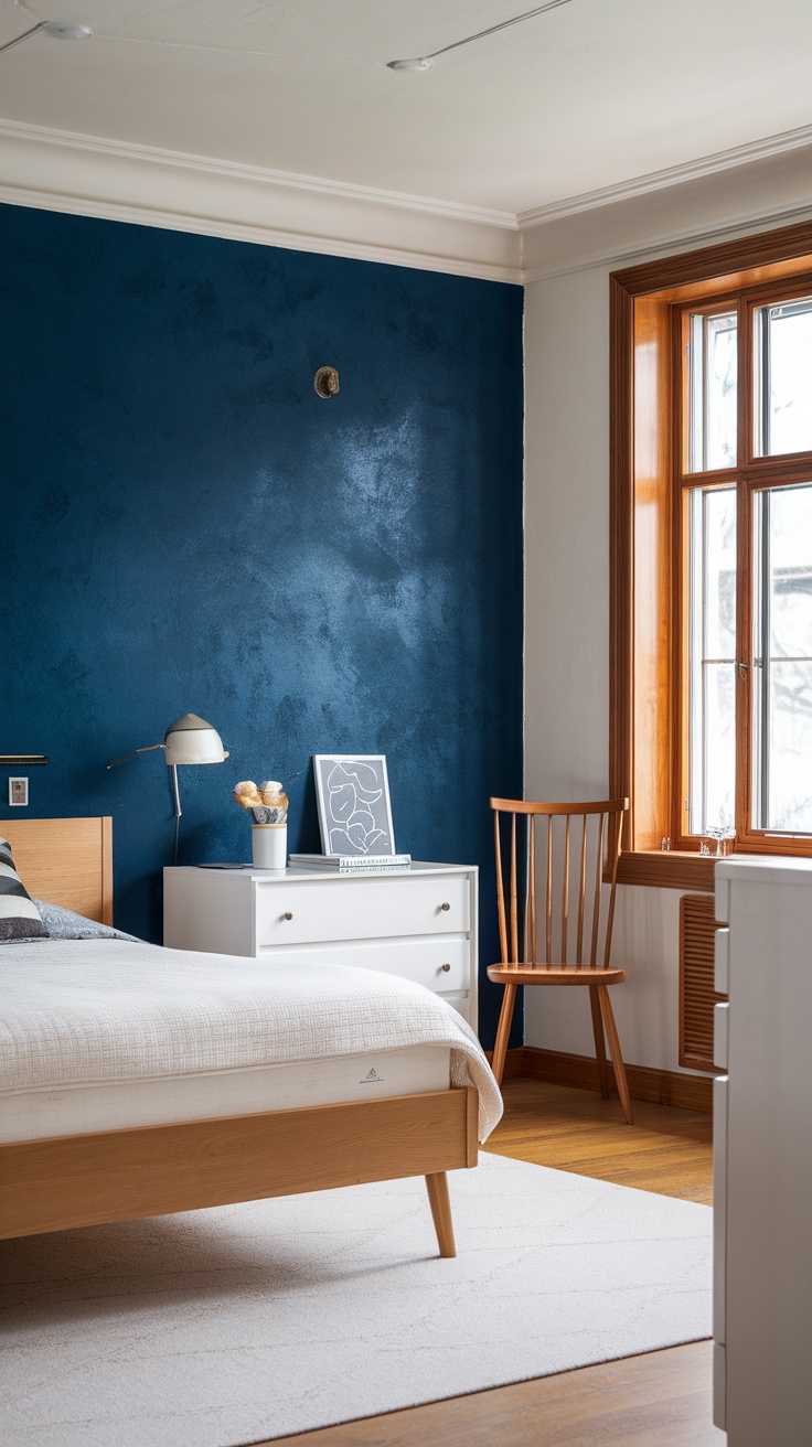 A Scandinavian bedroom with a bold teal accent wall, featuring stylish furniture and artwork.