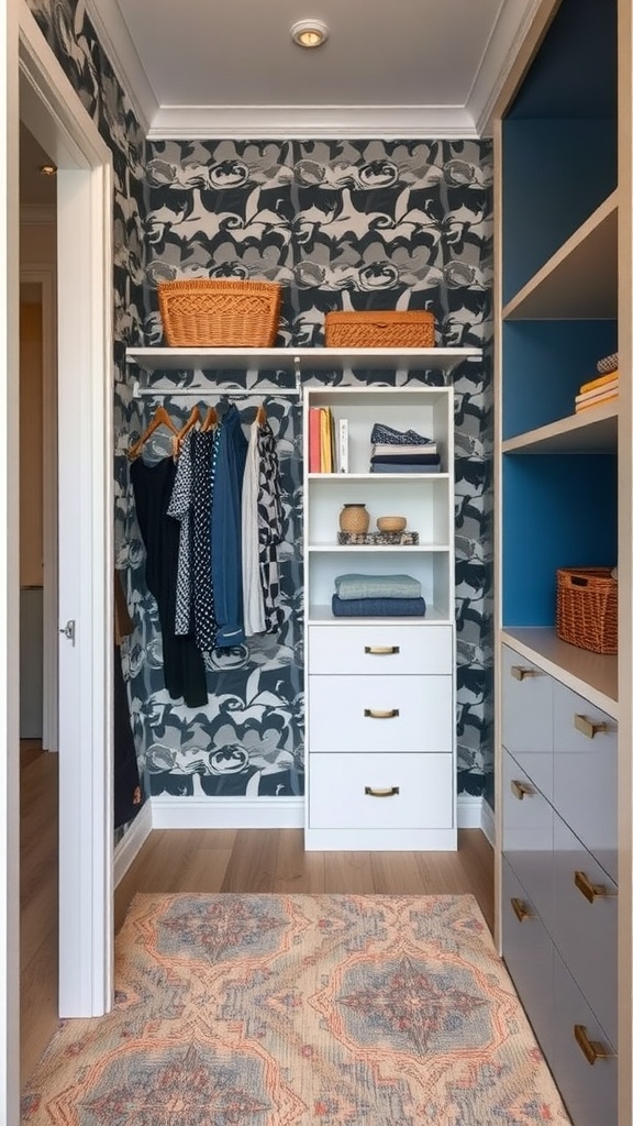 Walk-in closet with bold patterned accent wall, organized shelves, and stylish decor.