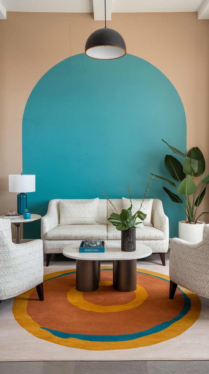A contemporary living room featuring a bold purple accent wall, a cozy orange sofa, and stylish furniture.