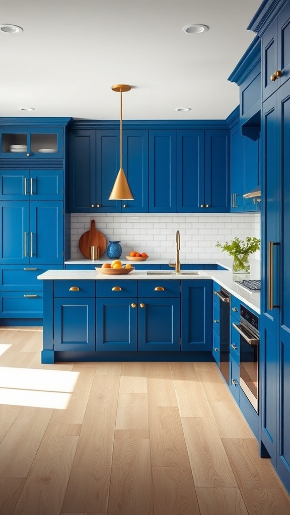 A modern kitchen featuring bold blue cabinets with gold hardware and white countertops, accented by natural wood flooring.