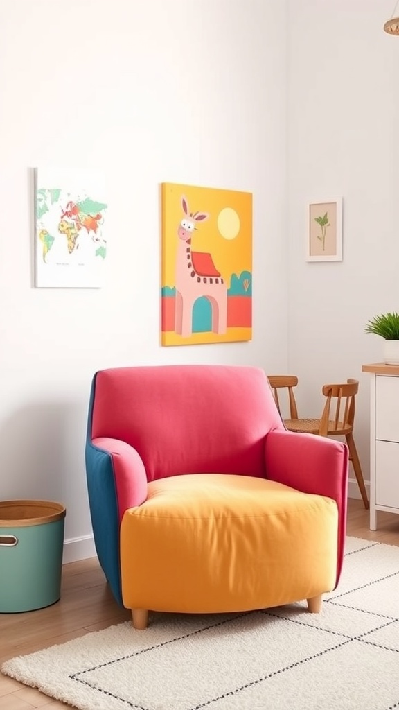 A color-blocked accent chair in pink, blue, and yellow, placed in a bright room with playful wall art.