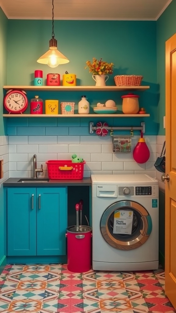 A vibrant utility room with teal walls, colorful decorations, and modern appliances.