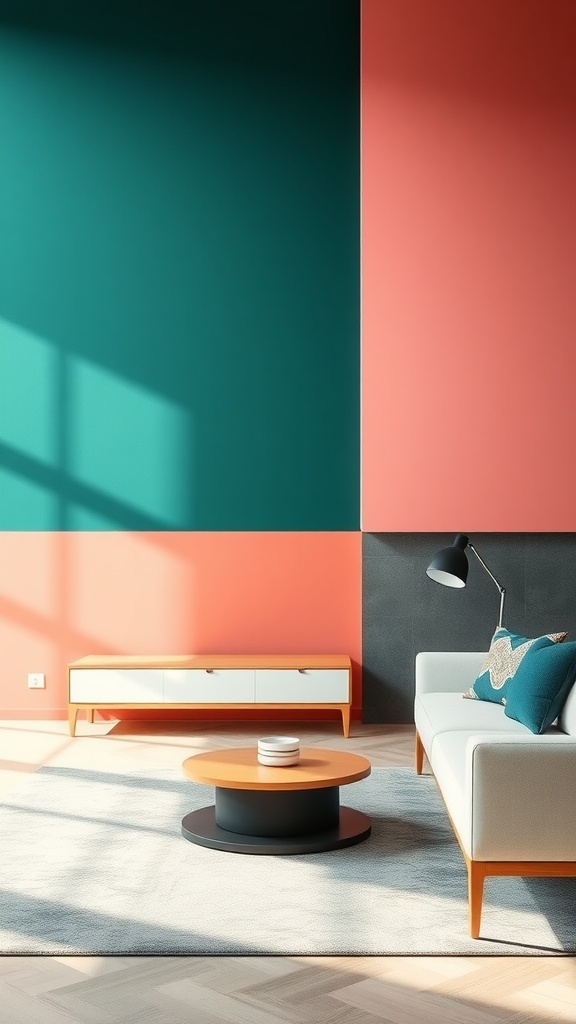 A modern living room featuring bold color block walls in teal and coral