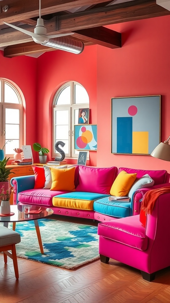 A living room featuring a bold color block sofa with pink, blue, and yellow colors, surrounded by vibrant decor.