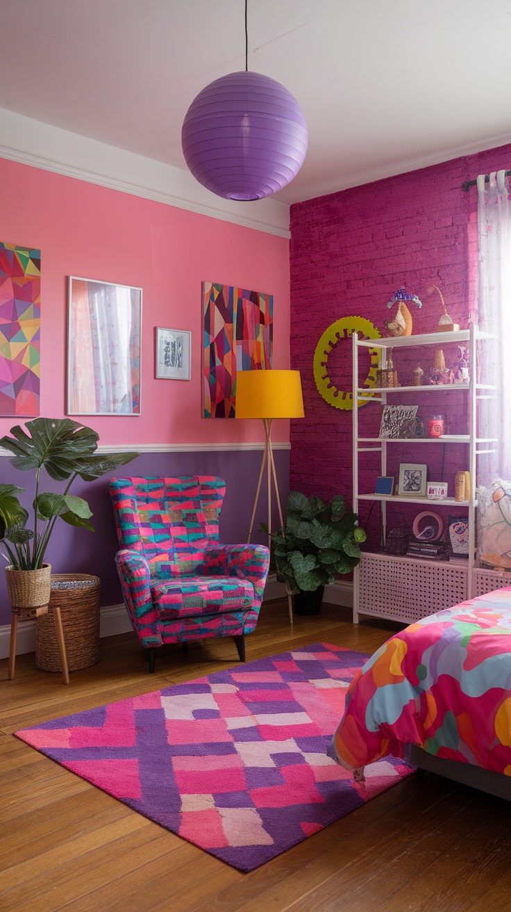 A vibrant teen girl bedroom with colorful bedding, eclectic artwork on the walls, and a playful rug on the floor.