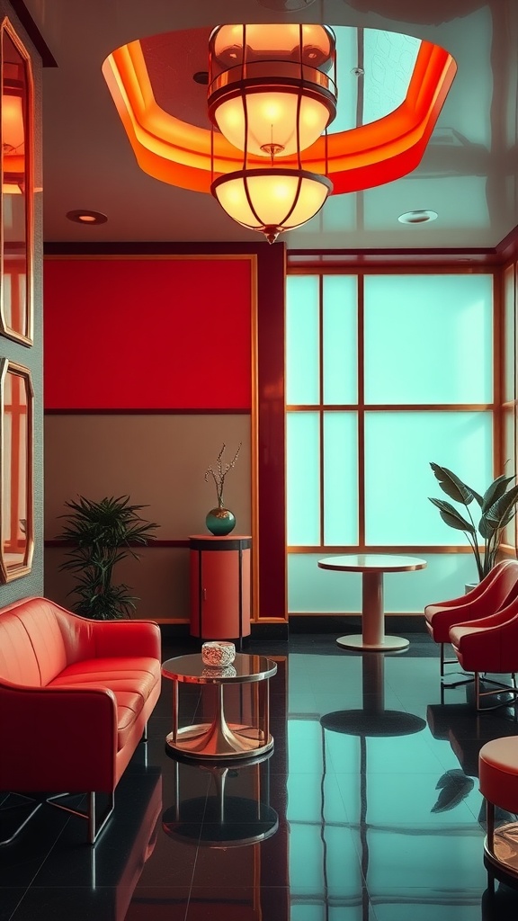 Art Deco interior featuring a bold color palette of red and turquoise with sleek furniture.
