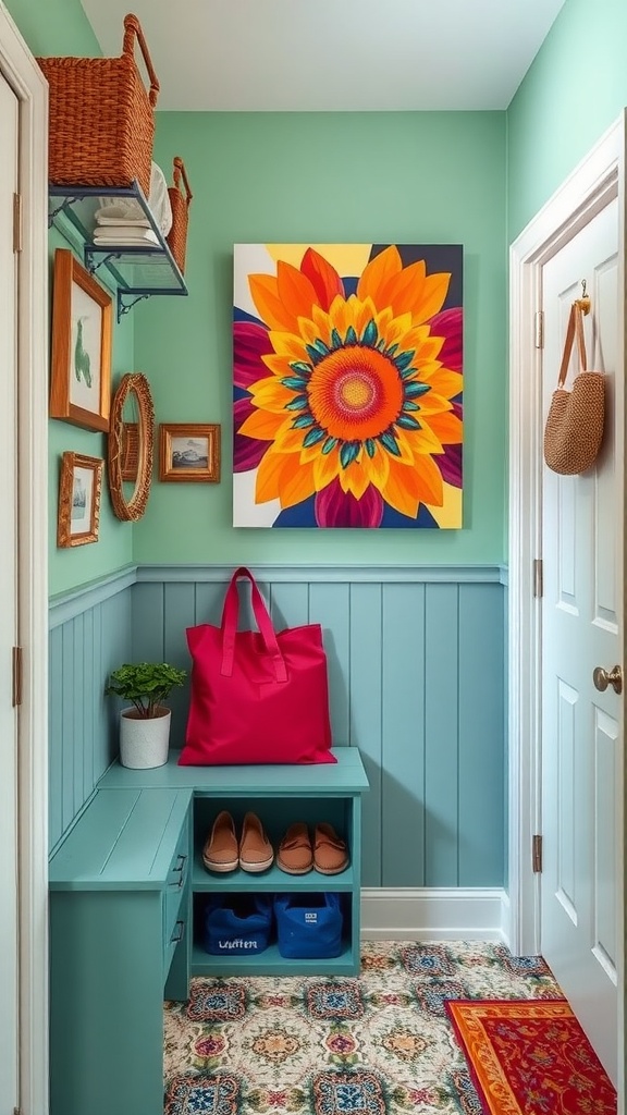 Stylish mudroom featuring mint green walls and a vibrant sunflower painting.