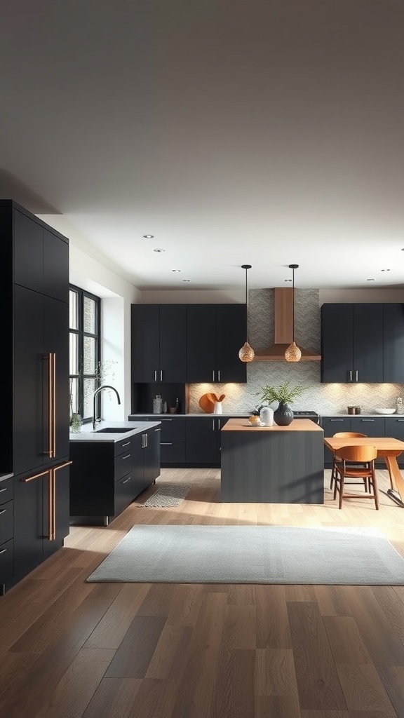 A modern kitchen featuring bold dark cabinetry, wooden flooring, and pendant lights.