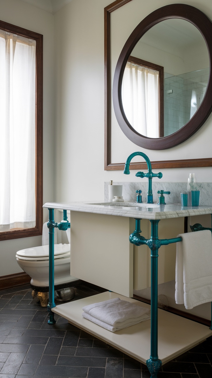 A contemporary bathroom featuring bold orange fixtures and faucets against gray tiled walls.