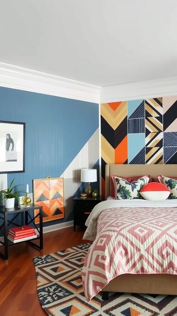 A contemporary bedroom featuring bold geometric patterns in decor.