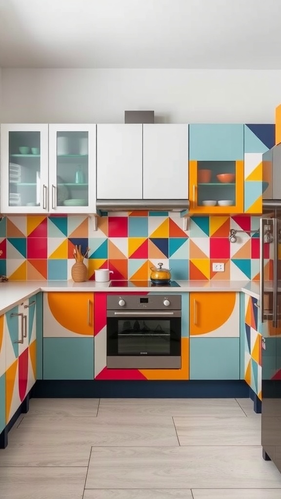 A colorful kitchen featuring bold geometric patterns on the cabinets and walls.