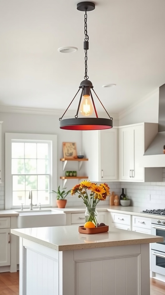 A bold black light fixture with a red interior hanging in a bright farmhouse kitchen.