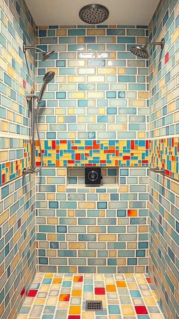 A vibrant shower with bold mosaic tiles in blue, yellow, and red, showcasing two showerheads and a unique design.