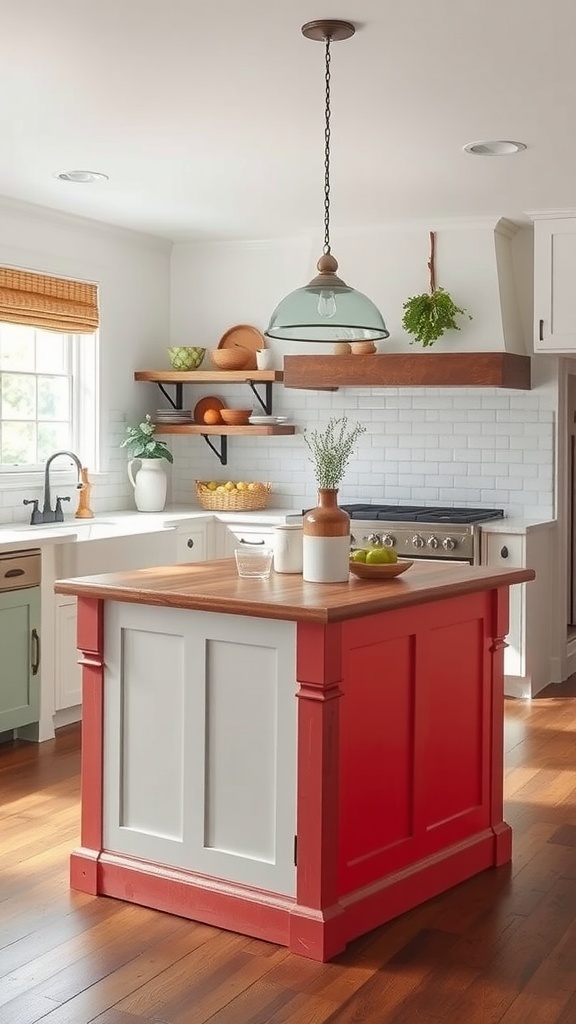 A colorful farmhouse kitchen featuring a bold red and white painted island with wooden countertop.