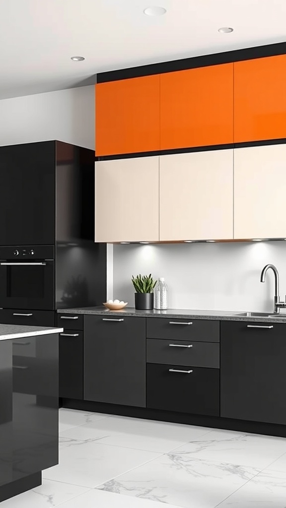 Kitchen featuring bold two-tone cabinet design with black, beige, and orange colors.