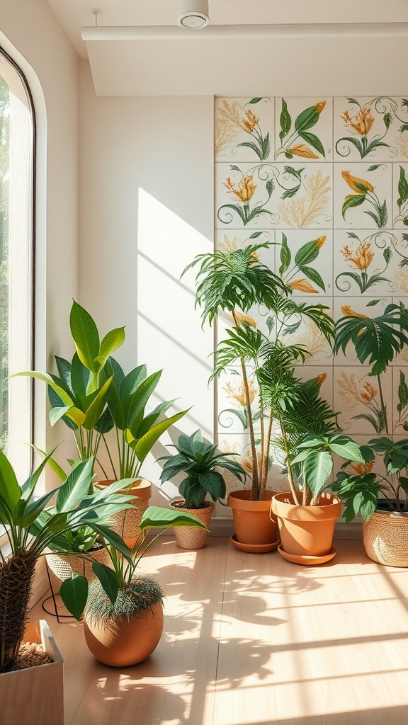 Bright room featuring a botanical print accent wall with potted plants