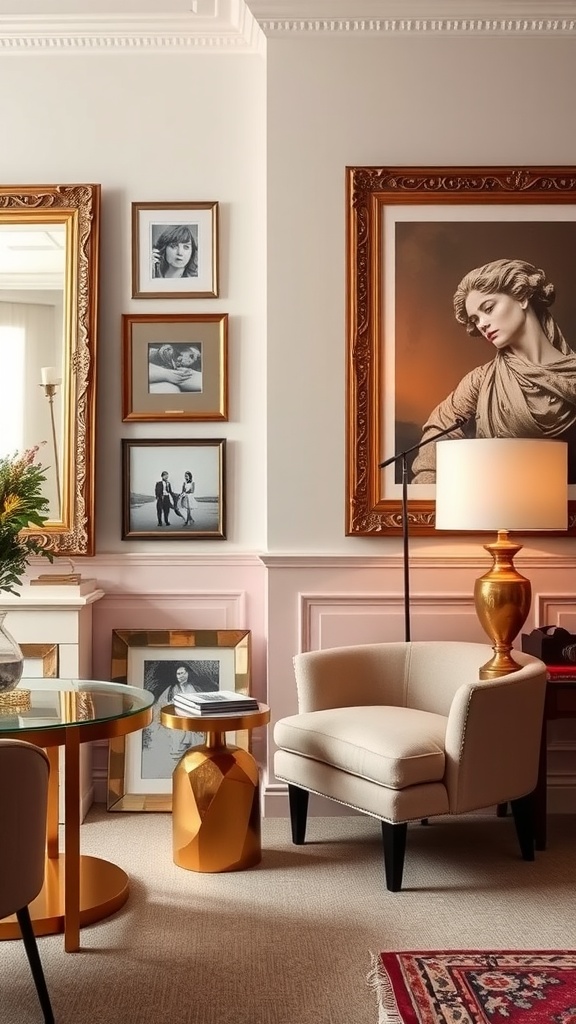 Living room featuring brass accents with a lamp, side table, and framed artwork.