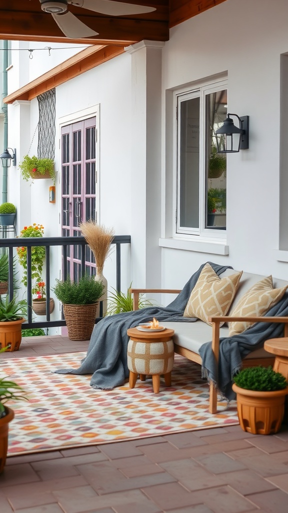 Cozy outdoor seating area with a sofa, patterned rug, and plants