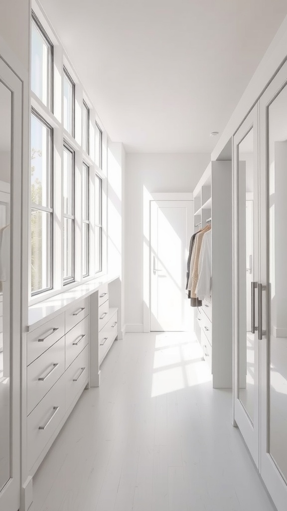 Bright and airy walk-in closet with large windows and modern storage.