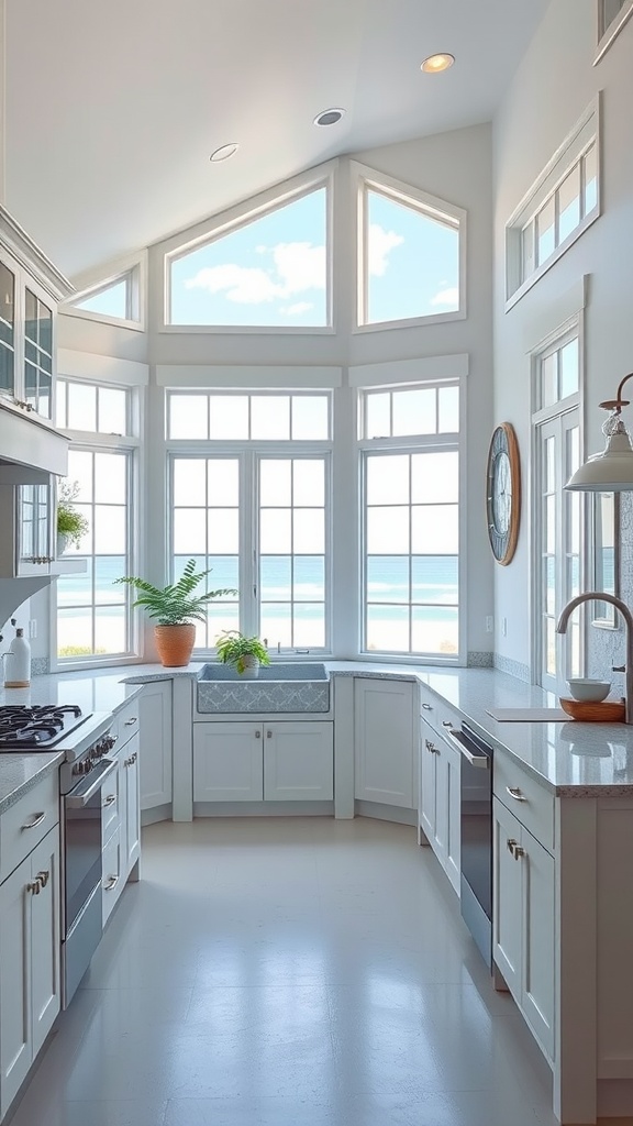 Bright coastal kitchen with large windows and ocean view