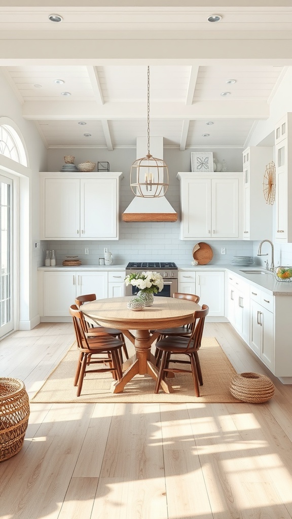 Bright and airy coastal kitchen with white cabinetry, round wooden table, and large windows