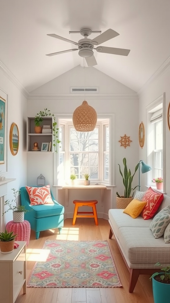 Cozy living area in a tiny house with bright colors and natural light