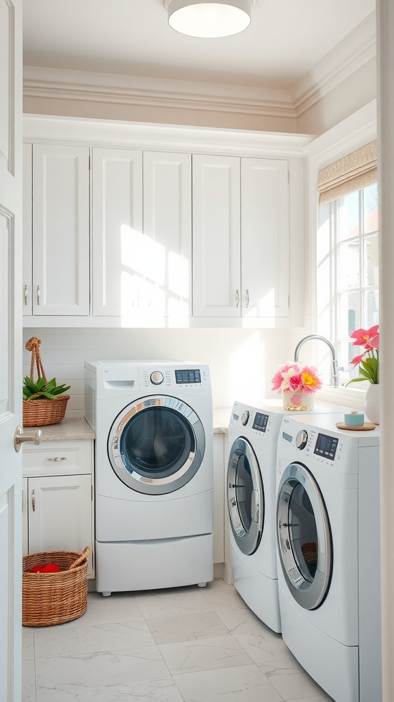 Bright and airy laundry room with white cabinets and modern appliances