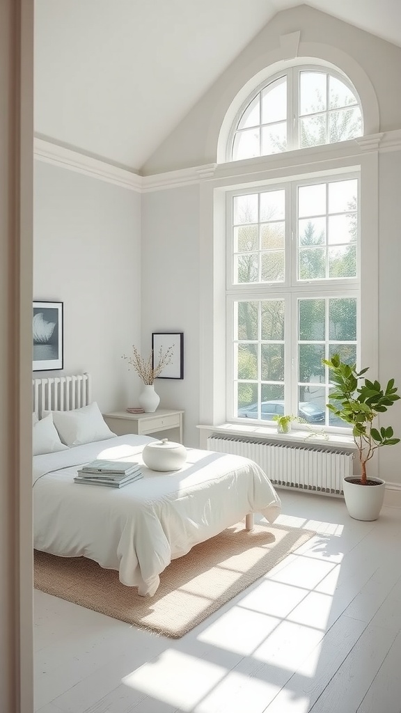 A bright Scandinavian bedroom featuring large windows, light-colored walls, and minimalistic decor.
