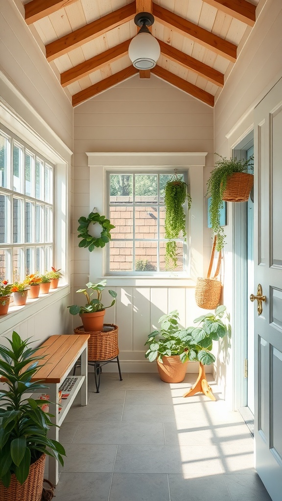 Bright mudroom with large windows, wood beams, and plants