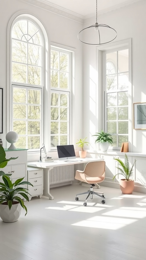 Bright and airy home office with large windows, white furniture, and plants.