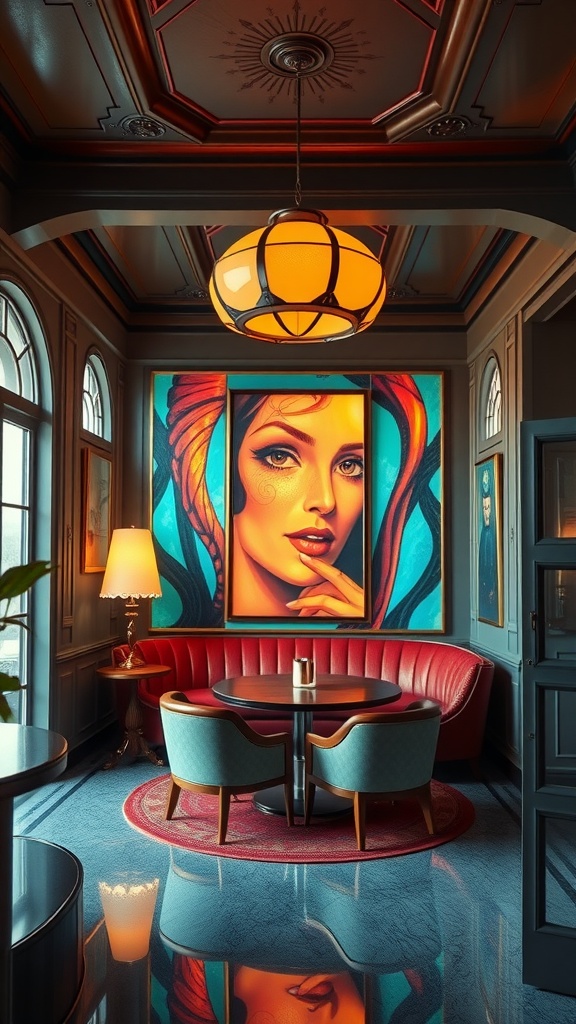 A vibrant Art Deco interior featuring bold artwork of a woman on the wall, with red seating and a stylish lamp.