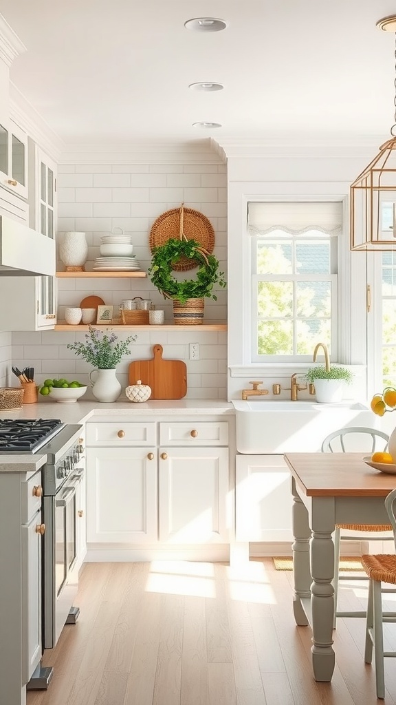 A bright kitchen with white cabinetry, open shelves, and natural light.