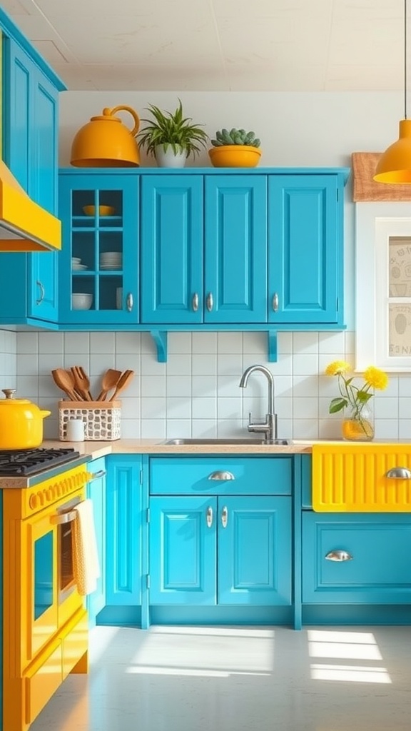 A kitchen with bright blue cabinets and yellow accents, featuring a modern design and vibrant decor.