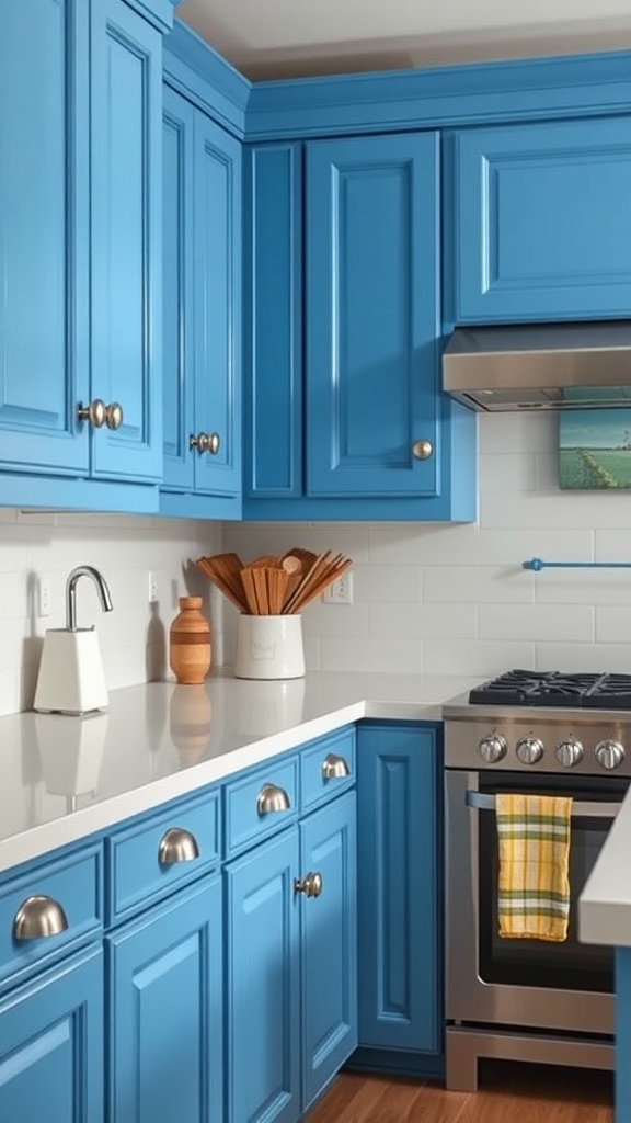A bright blue kitchen with unique hardware and modern appliances, featuring stylish cabinet handles and warm wooden elements.