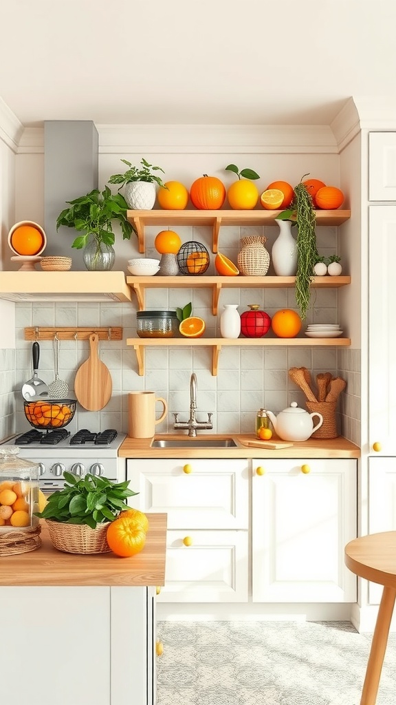 Bright kitchen with orange fruits and herbs on shelves