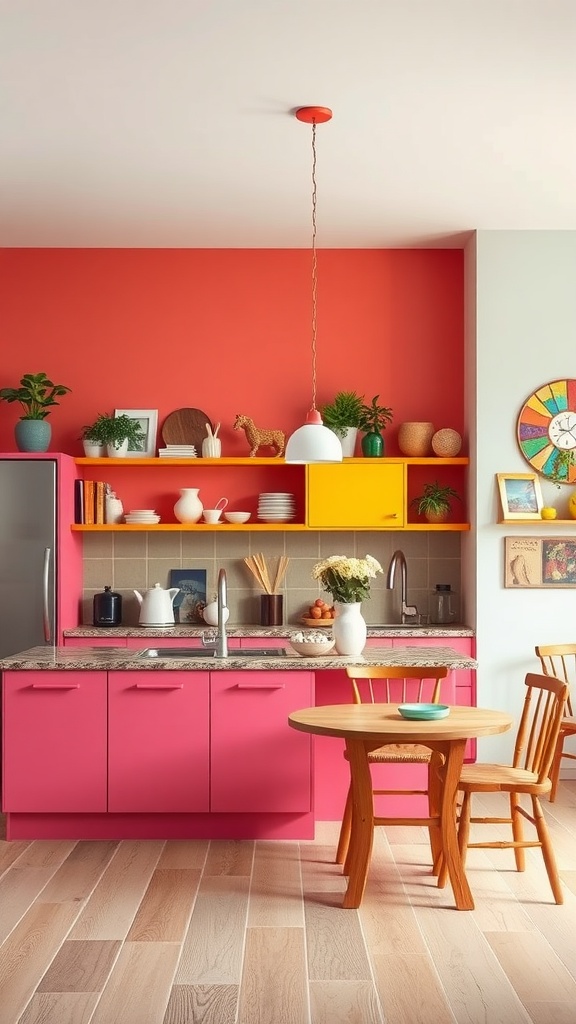 A colorful kitchen with pink cabinets, yellow shelves, and a red wall, featuring playful decorations and a wooden table.