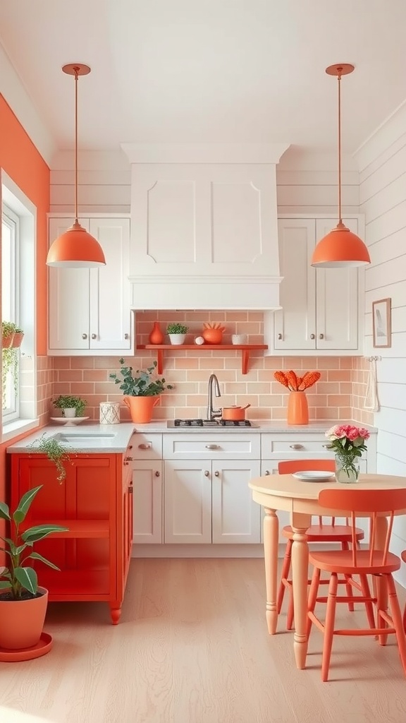 A bright coastal kitchen featuring coral accents, white cabinetry, and a cozy dining area.